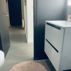 ClaudiCemento microcement deck on the floors, walls, ceilings installed by SOBO. Bathroom