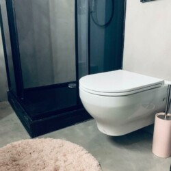 ClaudiCemento microcement deck on the floors, walls, ceilings installed by SOBO. Bathroom